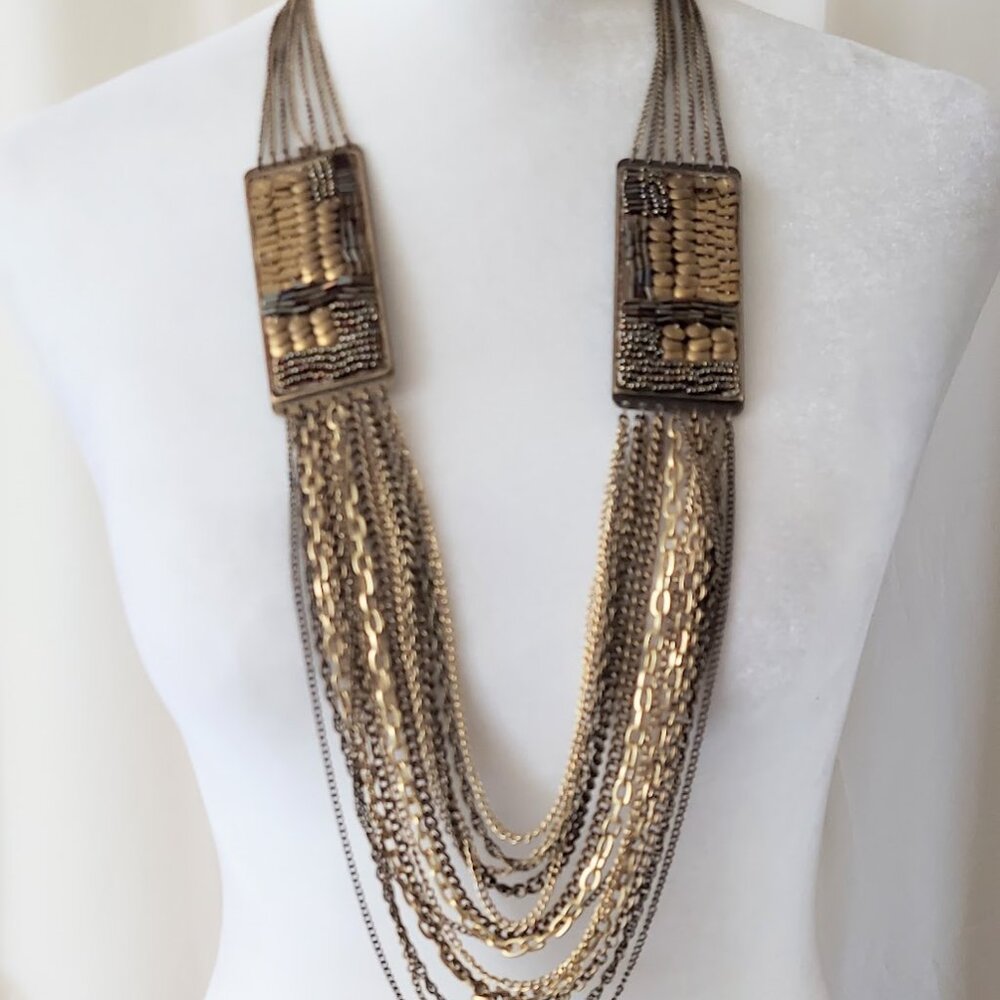 Statement Necklace Multi Chain Gold Beaded Sequin 16" in